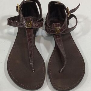 Women’s Tory Burch Dark Brown Croc Leather Sandals with Gold Accents Size 7.5M